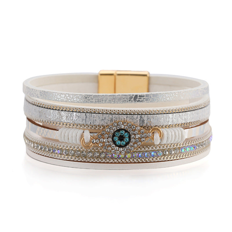 Wholesale Devil's Eye Diamond Design Multi-Layer Pu Leather Ethnic Style Bracelet